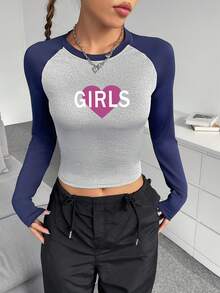 SHEIN EZwear Women's Colorblock Letter Printed Raglan Sleeve T-Shirt - Grey - View 3