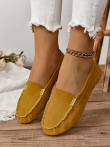 女士加大尺寸懶人休閒時尚飾釦皮鞋,春秋扁鞋 - 黃色 - 查看 6
