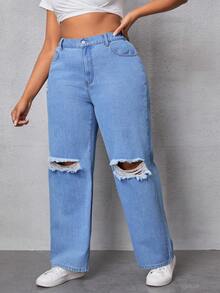 Distressed Plus Size Straight Leg Jeans - Light Wash - View 6