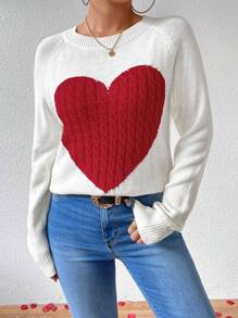 Chiquease Women's Heart Patterned Sweater Pullover Knit Pullover Fall Winter Outfit - Red and White - View 5