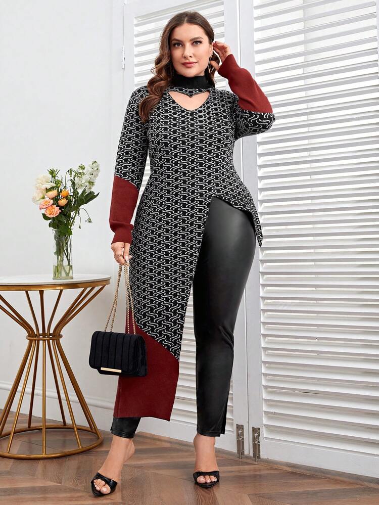 Designer Plus Size Side Slit Heart-Shaped Hollow Out Women Sweater, For Holiday, Vacation, Festival, Ibiza Fits