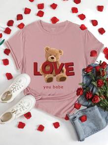 SHEIN EZwear Plus Size Women's Short Sleeve T-Shirt With Letter And Bear Print - Coral Pink - View 1
