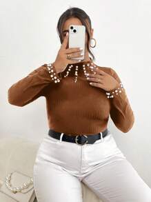 SHEIN Privé 大尺碼女士鑽石細節修身t恤 - 鏽棕色 - 查看 5