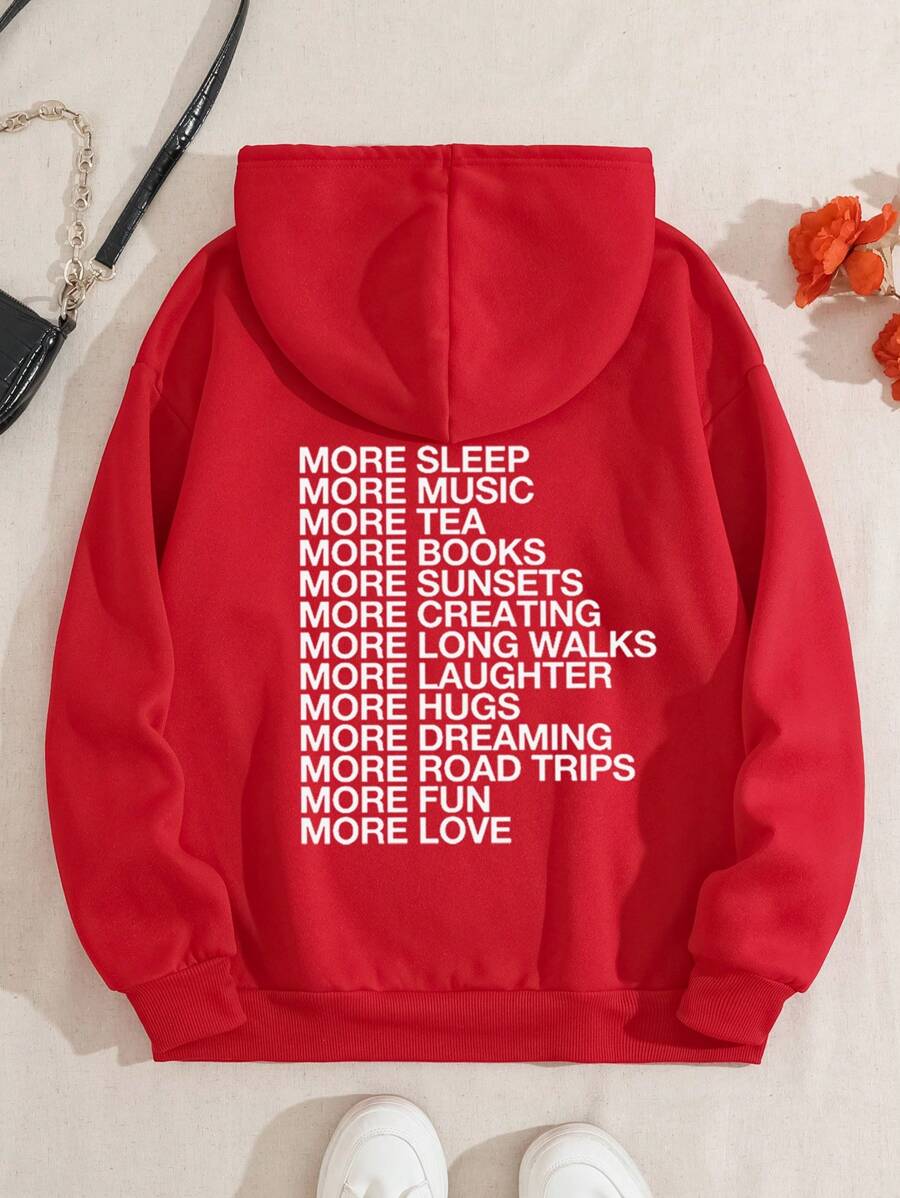SHEIN EZwear Women's Hooded Sweatshirt With Slogan Print - Red - View 1