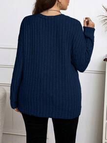 Elenzga Camiseta De Punto Acanalado De Color Sólido De Talla Grande - Azul Marino - Ver 2