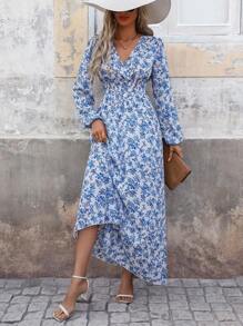 SHEIN LUNE 女士花卉印花抽褶腰連身裙 - 彩色 - 查看 6