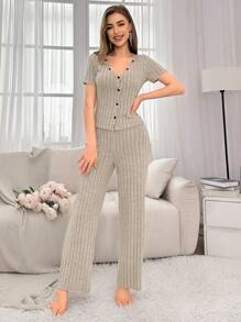 Conjunto De Ropa Para Mujer En Tejido De Punto Acanalado De Un Solo Color Para Estar En Casa - Gris - Ver 1