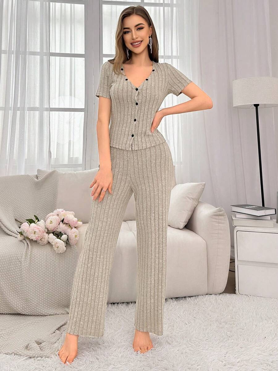 Conjunto De Ropa Para Mujer En Tejido De Punto Acanalado De Un Solo Color Para Estar En Casa - Gris - Ver 1