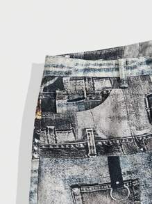 ROMWE MEN ROMWE Avant Men's Retro Distressed Imitation Printed Denim Capris Pants Are Suitable For Daily Use In Spring And Summer - Multicolor - View 4