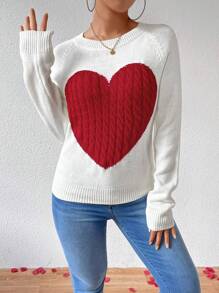 Chiquease Women's Heart Patterned Sweater Pullover Knit Pullover Fall Winter Outfit - Red and White - View 4