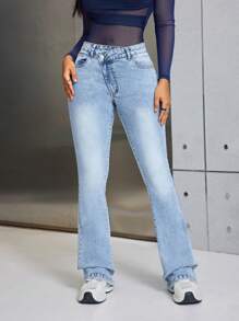 SHEIN SXY 女士丹寧喇叭褲 - 藍色 - 查看 1