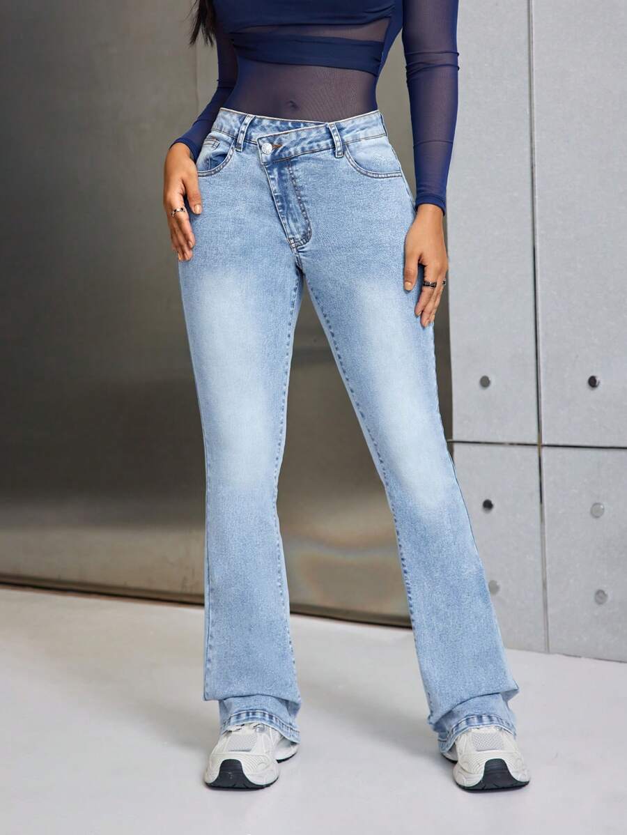 SHEIN SXY 女士丹寧喇叭褲 - 藍色 - 查看 1