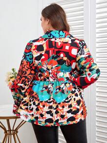 Sylvia Mollie Designer Business Casual Plus Allover Print Belted Coat, For Holiday, Vacation, Going Out, Spring, Festival, Ibiza Fits - Multicolor - View 2
