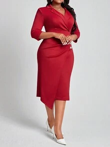 SHEIN Lady Plus Size Women's Lapel Slim Fit Bodycon Dress - Red - View 6