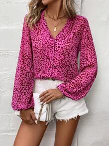 SHEIN Clasi Của phụ nữ In hoa Báo Cổ chữ V Tay áo lồng đèn Áo sơ mi - Màu Hồng Tươi - Xem 1