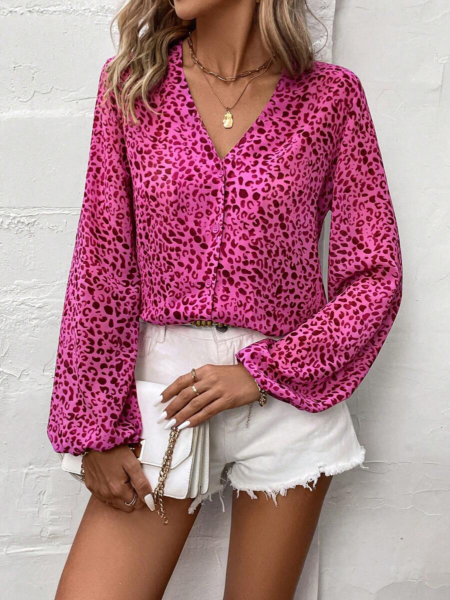 SHEIN Clasi Của phụ nữ In hoa Báo Cổ chữ V Tay áo lồng đèn Áo sơ mi - Màu Hồng Tươi - Xem 1