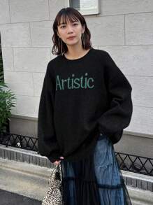 FRIFUL 女士長袖毛衣,帶有字母印花圖案 - 黑色 - 查看 1