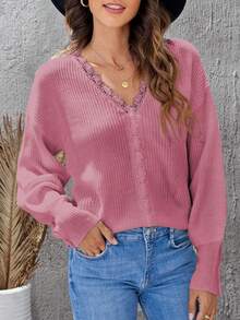 女士v領純色優雅針織花邊修飾休閒長袖套頭毛衣 - 藕粉色 - 查看 3