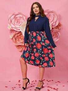 SHEIN Clasi Women's Plus Size Floral Printed Patchwork Knee-Length Dress