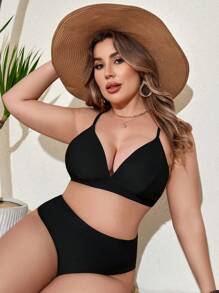 SHEIN Swim Curve Summer Beach Plus Size Jednokolorowe bikini z wysokim stanem Festiwal muzyczny