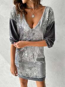 Velvet Dress With Sequin Detailing - Grey - View 3