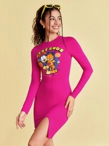 GARFIELD | SHEIN 女士卡通字母印花分裂迷你裙 - 玫紅色 - 查看 7