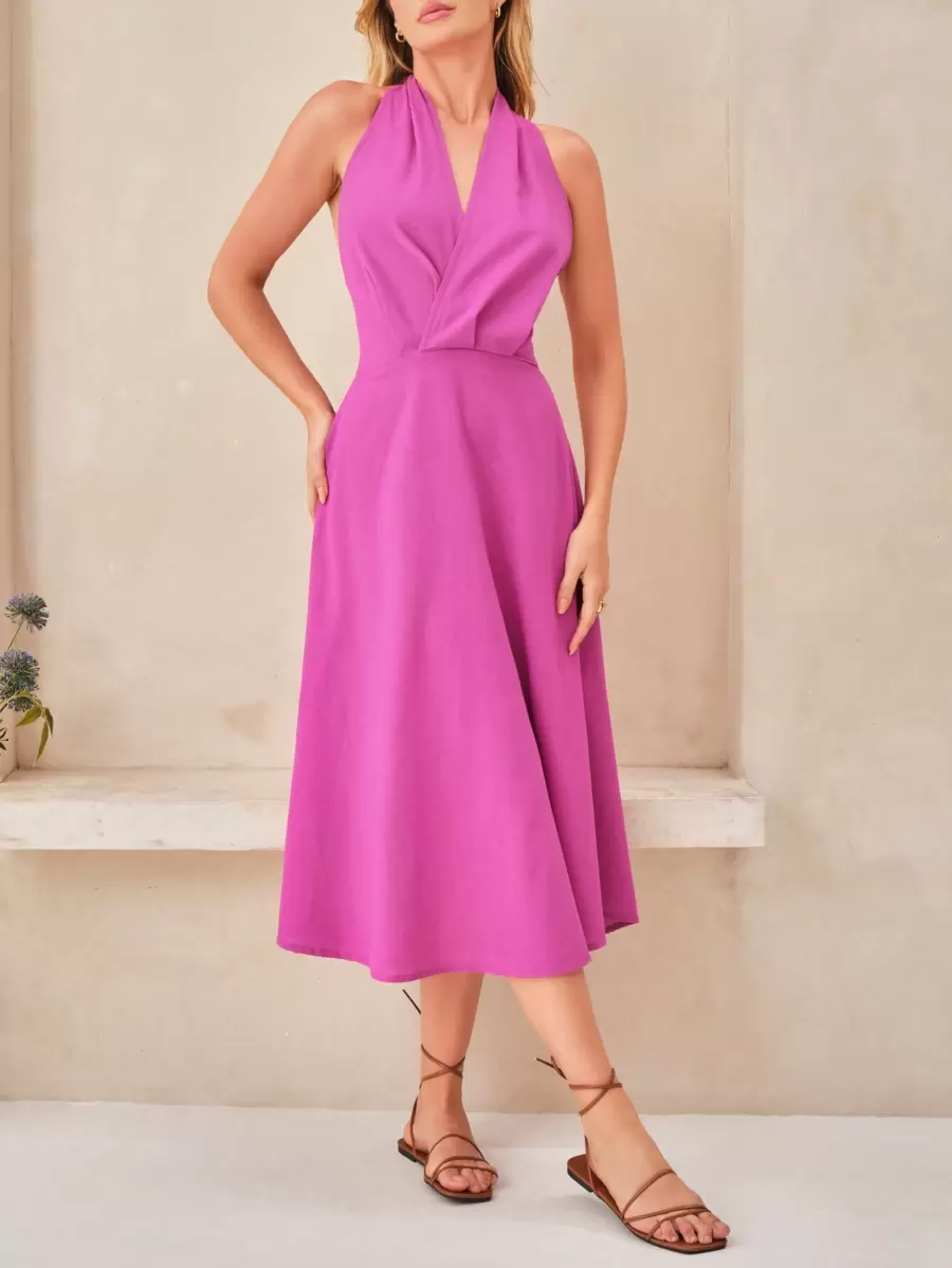 SHEIN Vestido Midi Frente única Liso Rodado Elegante Feminino - Hot Pink - View 1