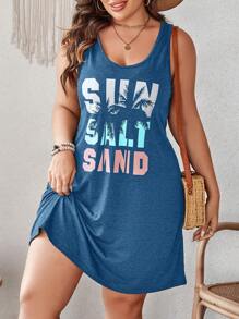 SHEIN VCAY Hơn Hình ảnh cây dừa và chữ cái Mùa hè Váy ba lỗ - Màu xanh lam - Xem 5