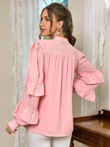 SHEIN Privé 女款時尚純色蕾絲袖荷葉邊襯衫 - 粉色 - 查看 2