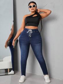 SHEIN SXY Plus Size Drawstring Waist Washed Skinny Jeans