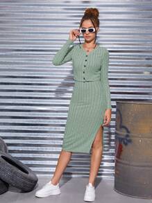 SHEIN Teen Girls' Knit Ribbed Cami Dress With Cardigan - Mint Green - View 4