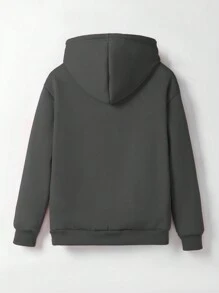 SHEIN LUNE Women's Solid Color Hooded Fleece Sweatshirt With Drawstring - Dark Grey - View 2