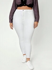 SHEIN SXY 大碼純色修身牛仔褲 - 白色 - 查看 4