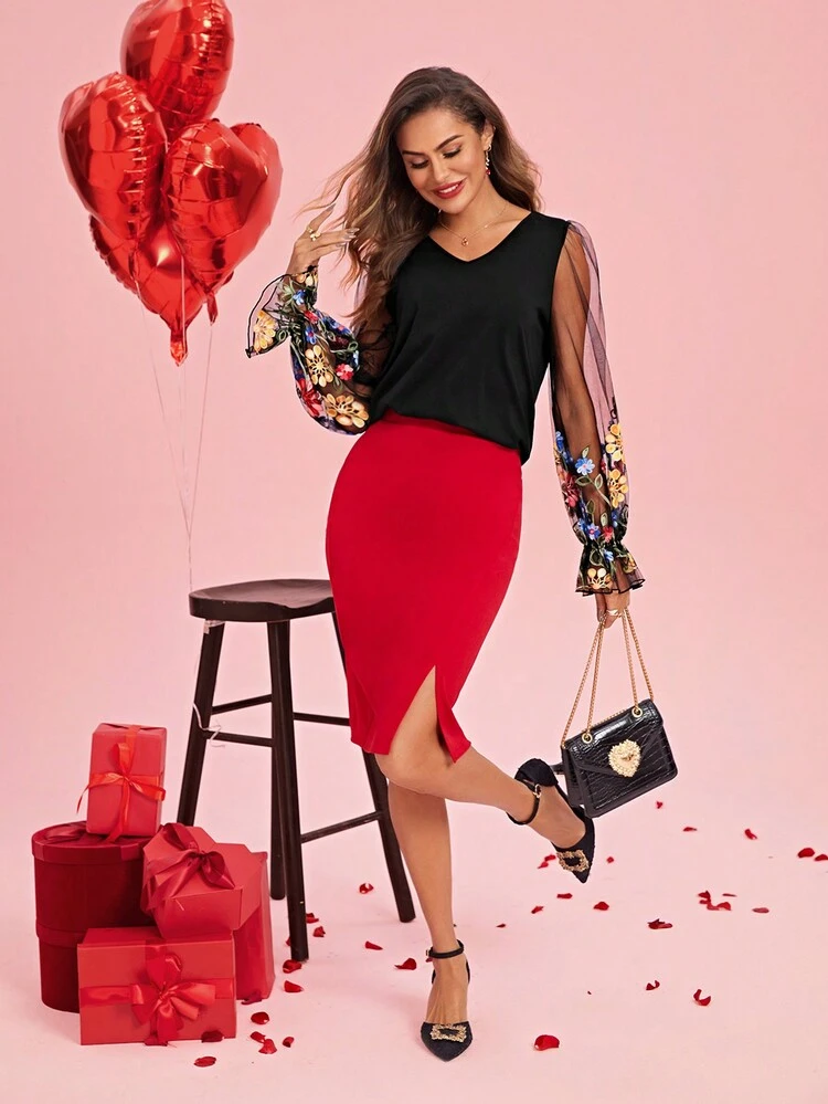 Valentine's Day Ladies' Floral Embroidery Sheer Mesh T-Shirt