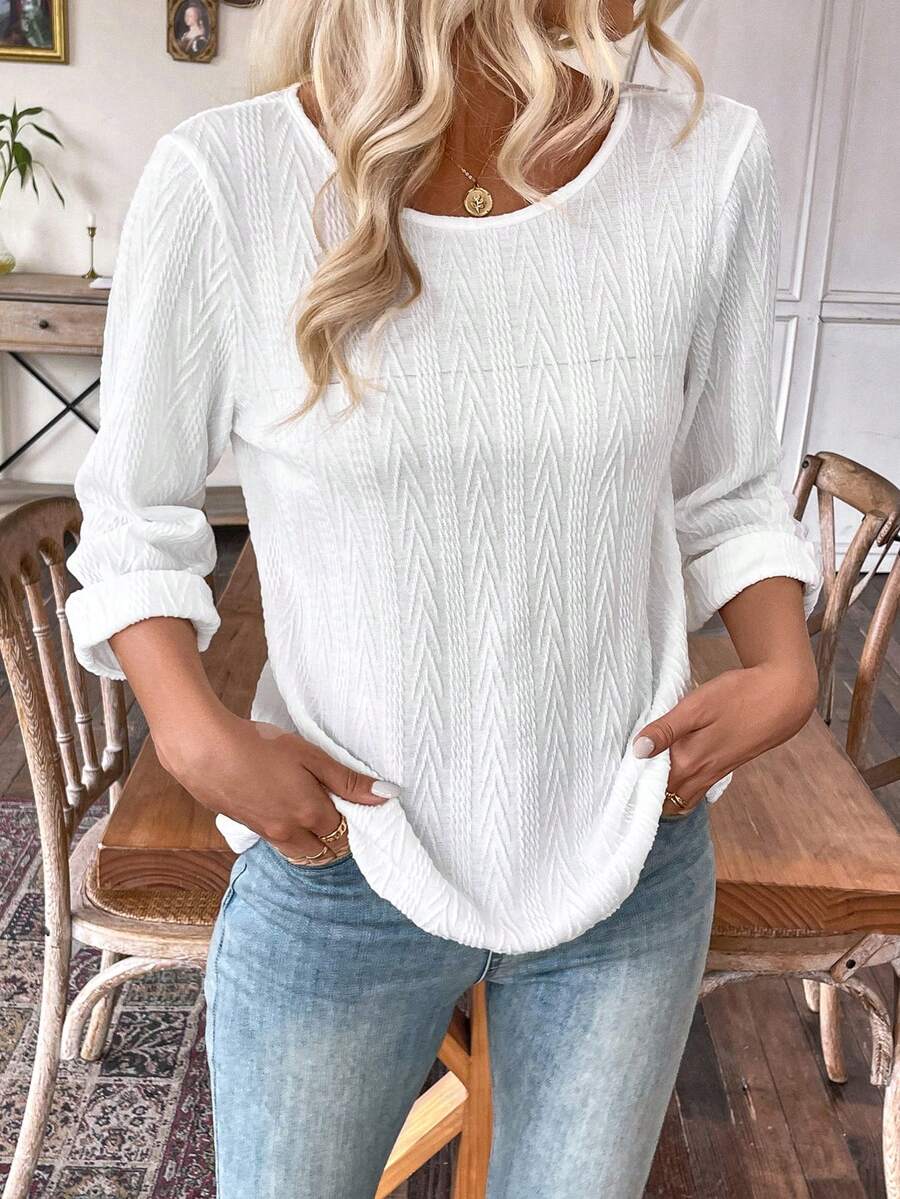 SHEIN Essnce Của phụ nữ Vòng cổ Tay áo dài Áo thun - trắng - Xem 1