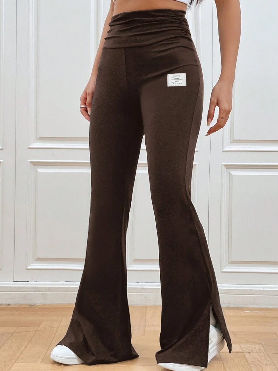SHEIN EZwear High Waist Knitted Stretch Flared Pants - Brown - View 1