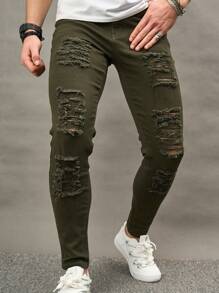 Manfinity LEGND Men's Slim Fit Distressed Jeans - Army Green - View 4