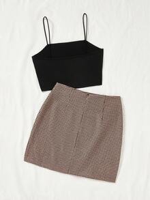 SHEIN Frenchy Solid Color Camisole Top And Plaid Skirt Two Piece Set - Black - View 2