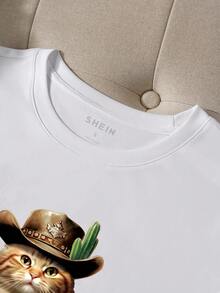 SHEIN EZwear Cat Print Short-Sleeve T-Shirt - White - View 5