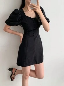 DAZY 純色蓬蓬袖腰間綁帶a字裙 - 黑色 - 查看 6