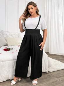 Franclia Salopette Pantalone Largo Jumpsuit A Gambale Largo Tinta Unita Taglie Forti - nero - Visualizzare 4