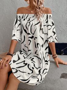 SHEIN Frenchy 露肩圖案印花連身裙 - 白色 - 查看 5