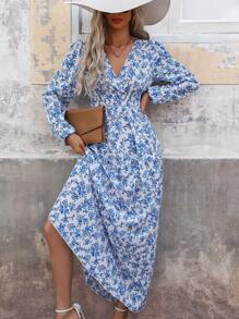 SHEIN LUNE 女士花卉印花抽褶腰連身裙 - 彩色 - 查看 7