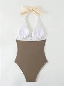 LanaWest Summer Beach Women's Color Block Halter One-Piece Swimsuit Bathing Suit Wedding - Multicolor - View 5