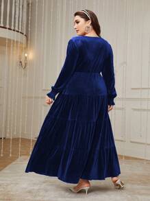 Modelyn Plus Size Velvet Round Neck Long Sleeve Dress - Royal Blue - View 2