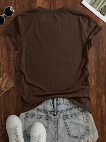 INAWLY Letter Graphic Short Sleeve Tshisrt Graphic Tees Women Tops - Coffee Brown - View 2