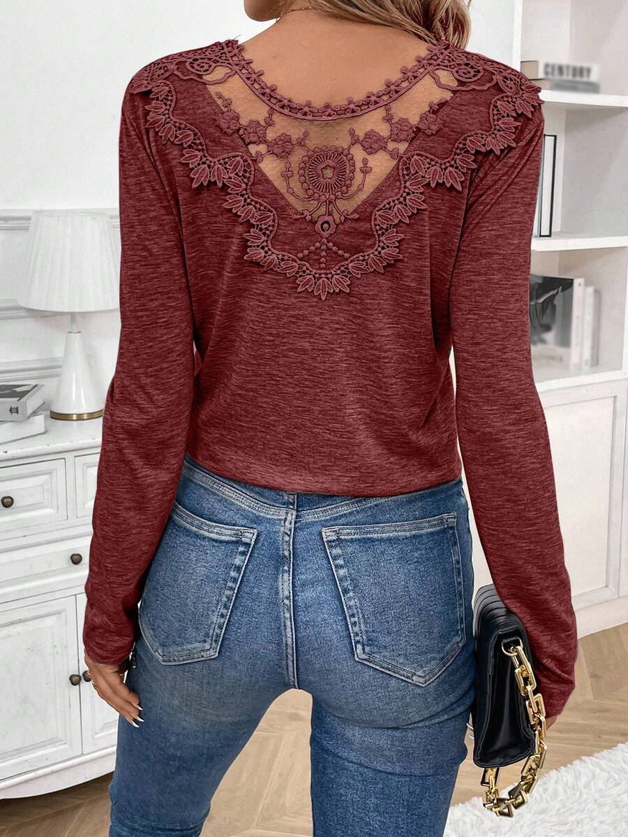 SHEIN Frenchy Embroidered Mesh Panel Back Long Sleeve T-Shirt - Burgundy - View 1