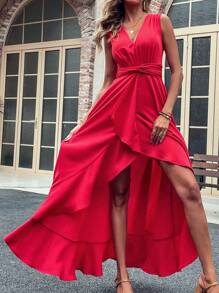 SHEIN Clasi Váy Maxi Không Tay Cao Thấp Xếp Ly Eo Cho Nữ Quần Áo Năm Mới Trang Phục Nữ - Đỏ - Xem 7