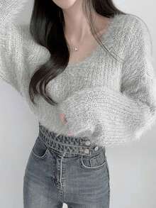 秋冬季马海毛 V 领长袖毛衣、七分袖上衣 - 淺灰色 - 查看 4