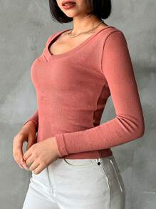 EURMUSE Solid V Neck Tee - Dusty Pink - View 4